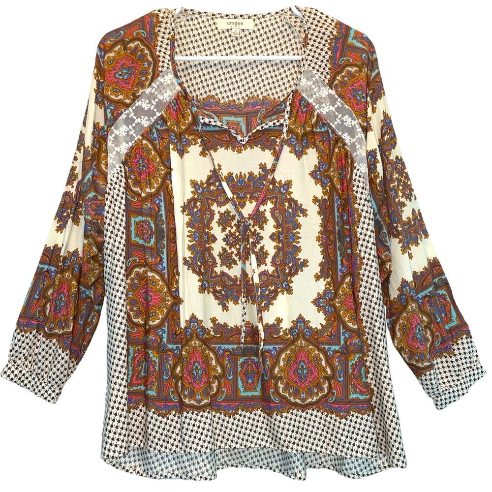 Umgee Paisley Boho Long Sleeve Tie Neck Tunic Dress size Small